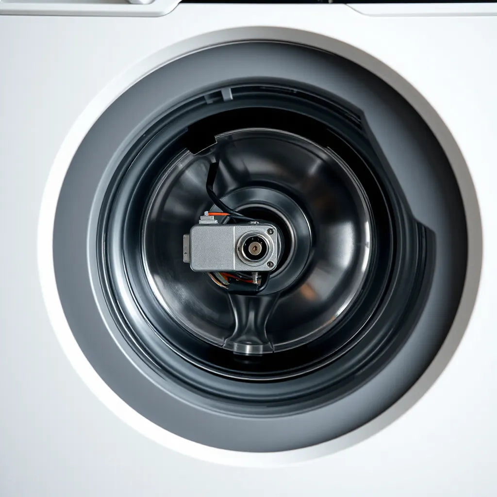 Close-up view of a washing machine motor assembly with BLDC inverter components inside the drum area