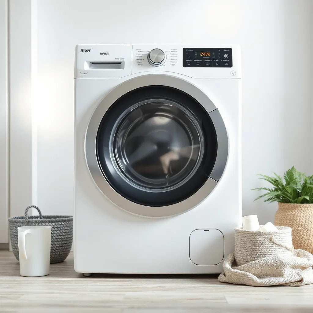 Modern fully automatic washing machine in a clean, softly lit laundry room