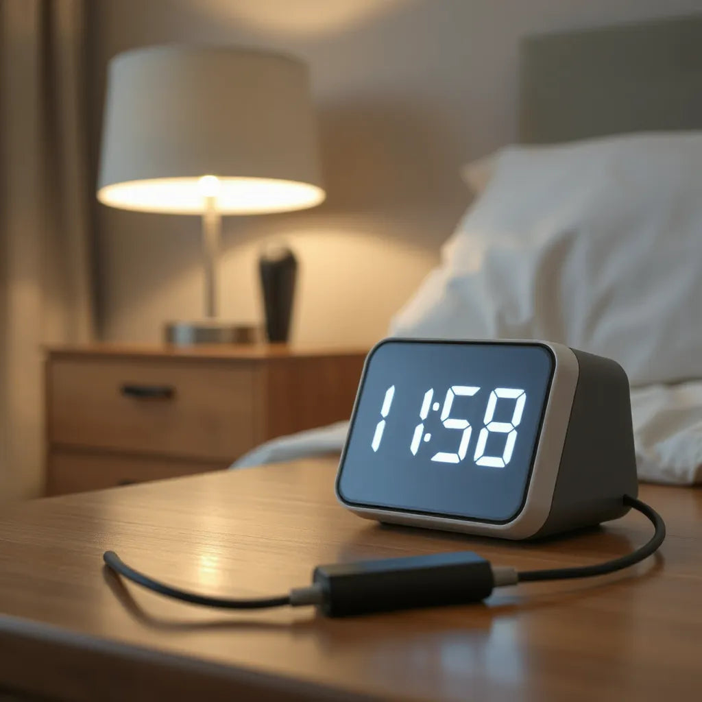 Minimal bedside LED display smart clock with a glowing display in a modern night setting