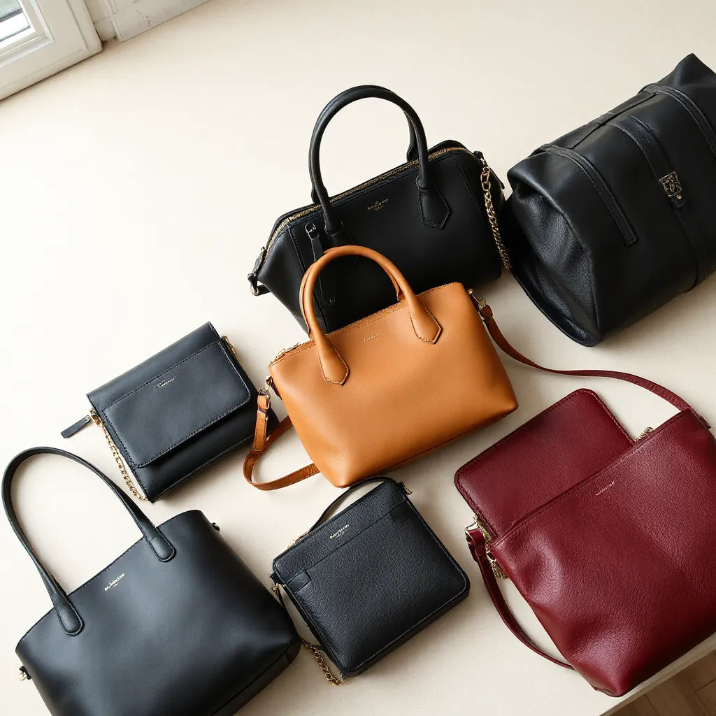 Assorted stylish women’s handbags including a tote, crossbody, and shoulder bag in neutral tones