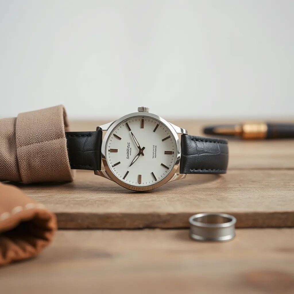 Oversized men’s wristwatch with a bold dial and wide leather strap on a wooden surface in soft daylight