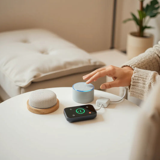 Person interacting with smart home gadgets like a smart speaker, plug, and display in a modern living room