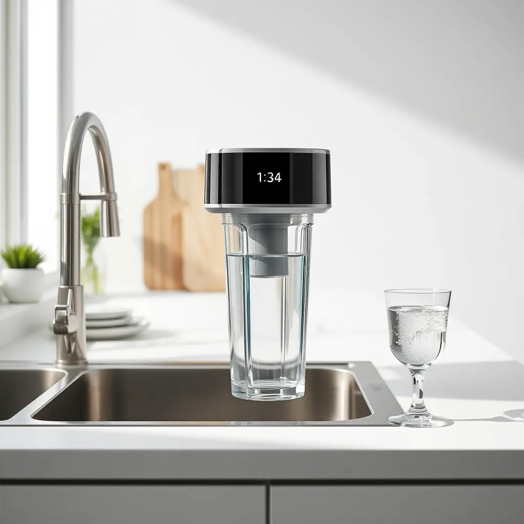 Sleek multi-stage filtration water purifier unit with clean water flowing into a glass on a kitchen counter