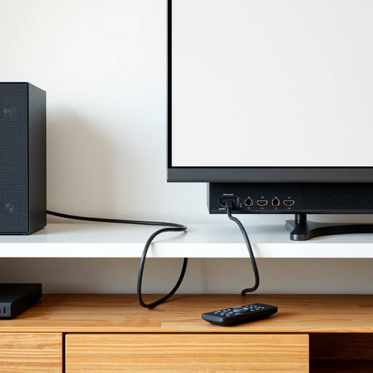 TV connected to a compact HDMI switch with four HDMI cables for streaming devices