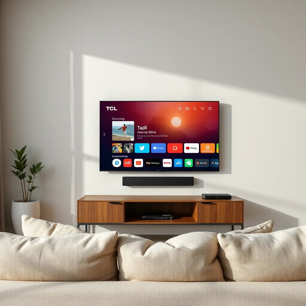 Wall-mounted smart TV showing a streaming interface in a modern living room