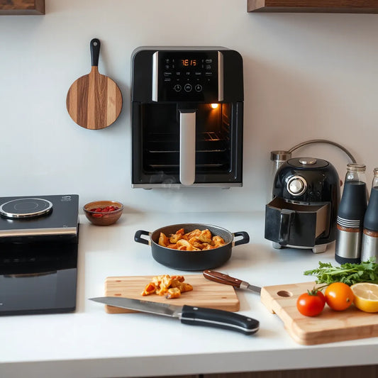 Modern kitchen counter with an induction cooktop, air fryer, and convection oven preparing ingredients for smarter meals