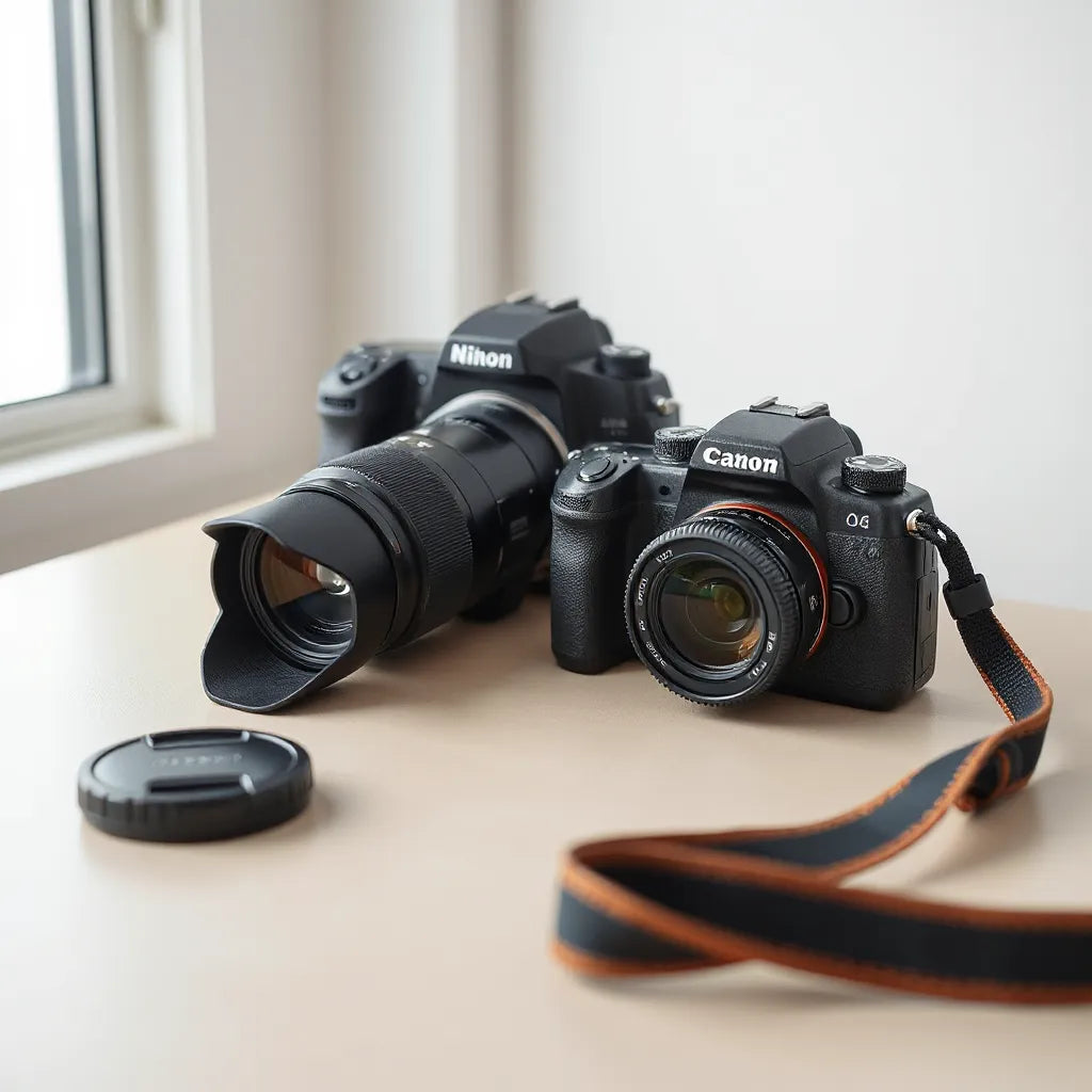 Two interchangeable-lens cameras and a lens kit arranged on a clean desk under soft natural light