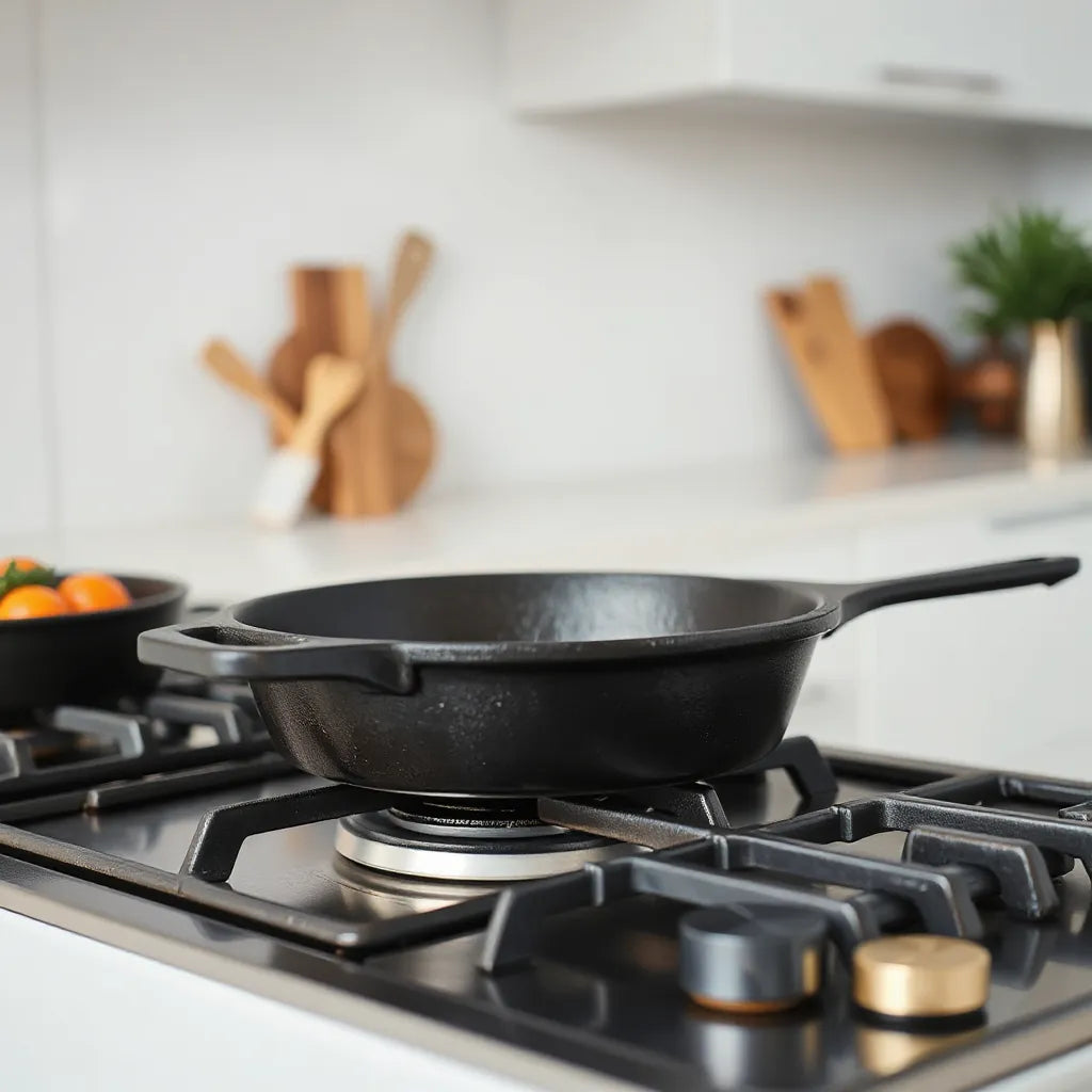 Cast iron pan sitting securely on a cooktop pan support grate for stable, safe heating