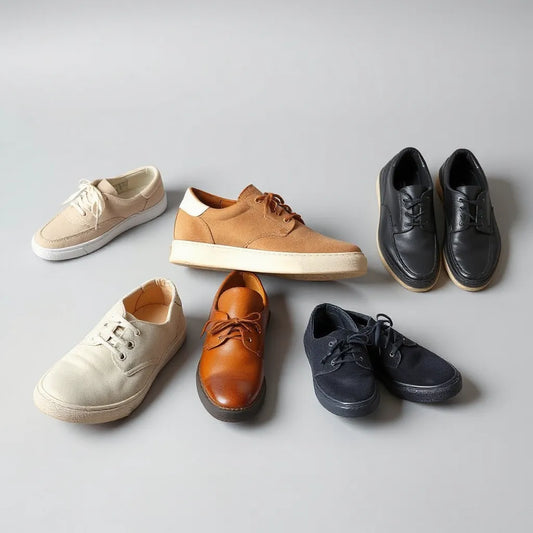 A neat lineup of men’s casual shoes with visible textures and rubber soles on a clean studio background
