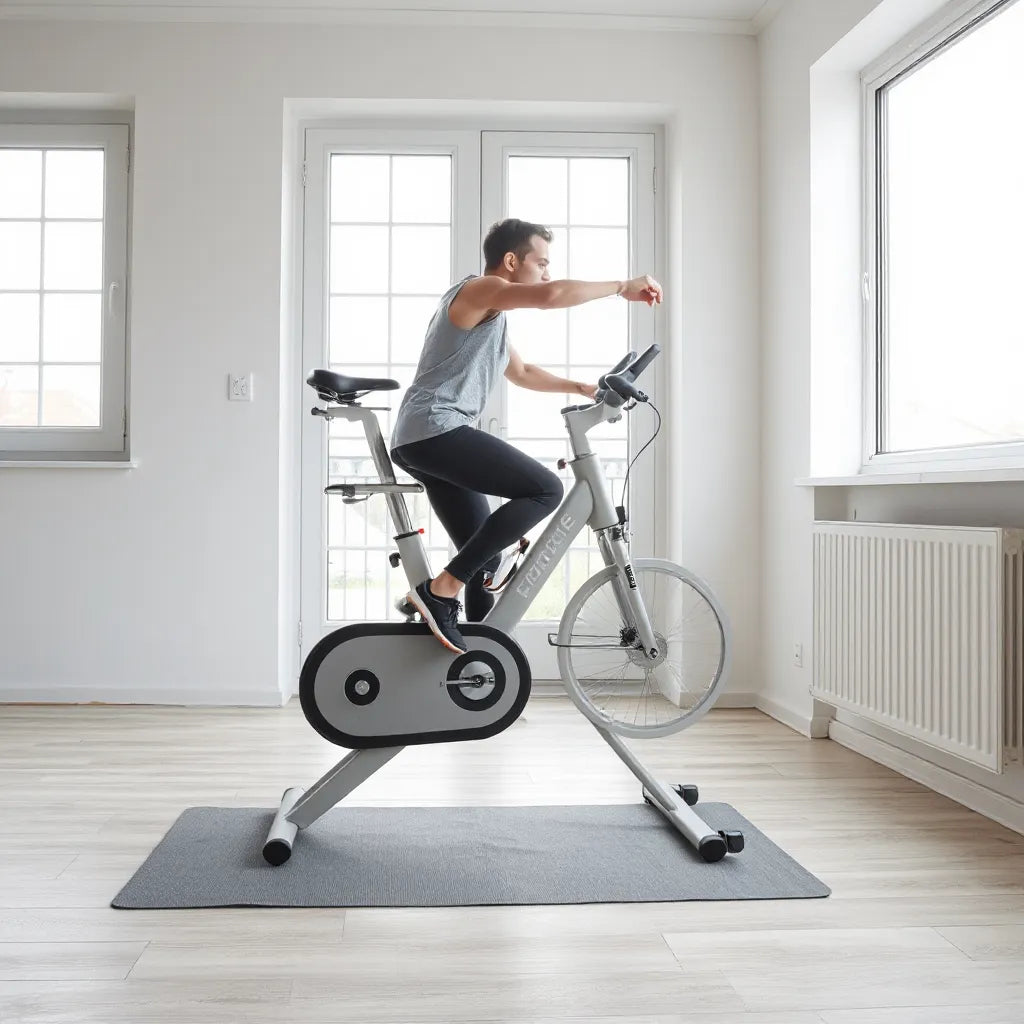 Adult using an indoor exercise bike for a fitness workout in a bright home setting