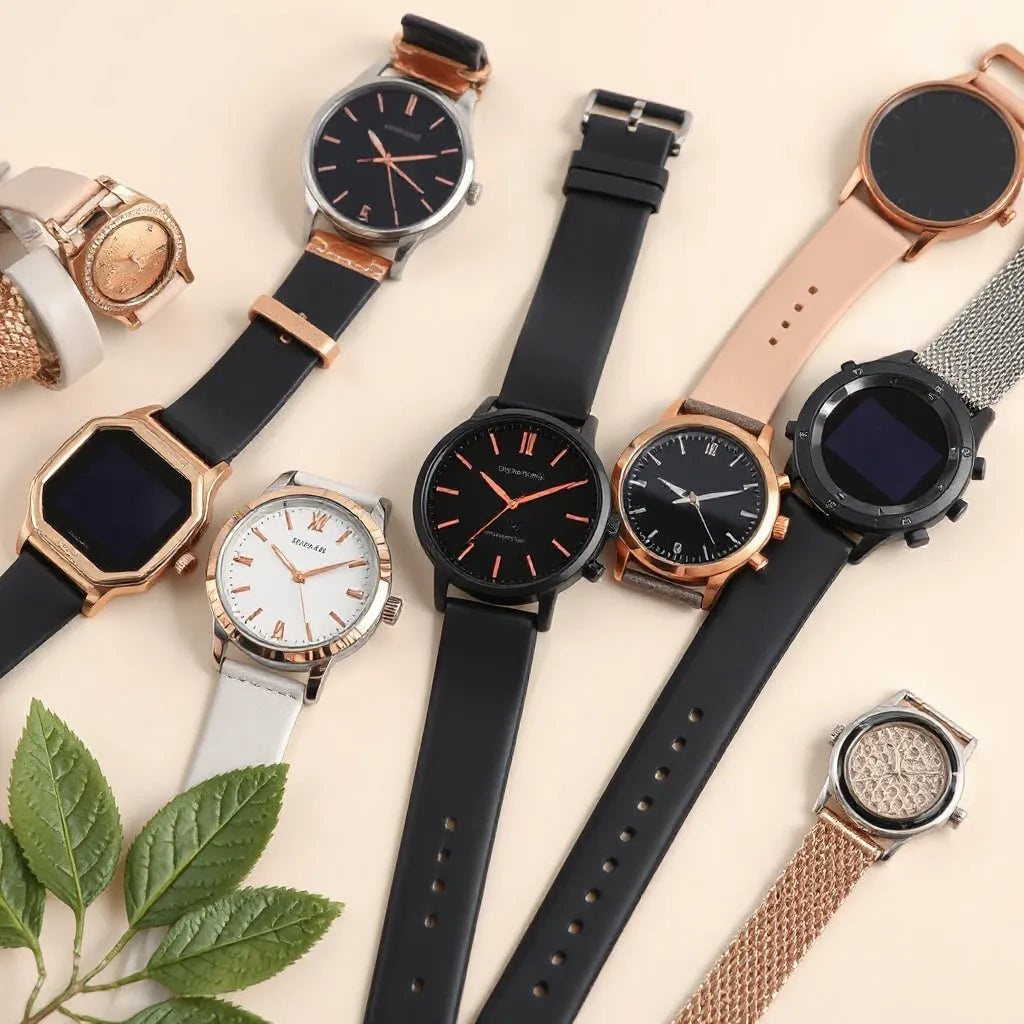 Stylish women’s digital watches with varied straps and finishes on a light background