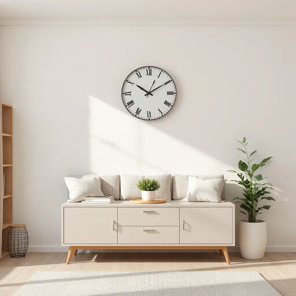 Minimalist modern wall clock centered in a bright living room with neutral decor