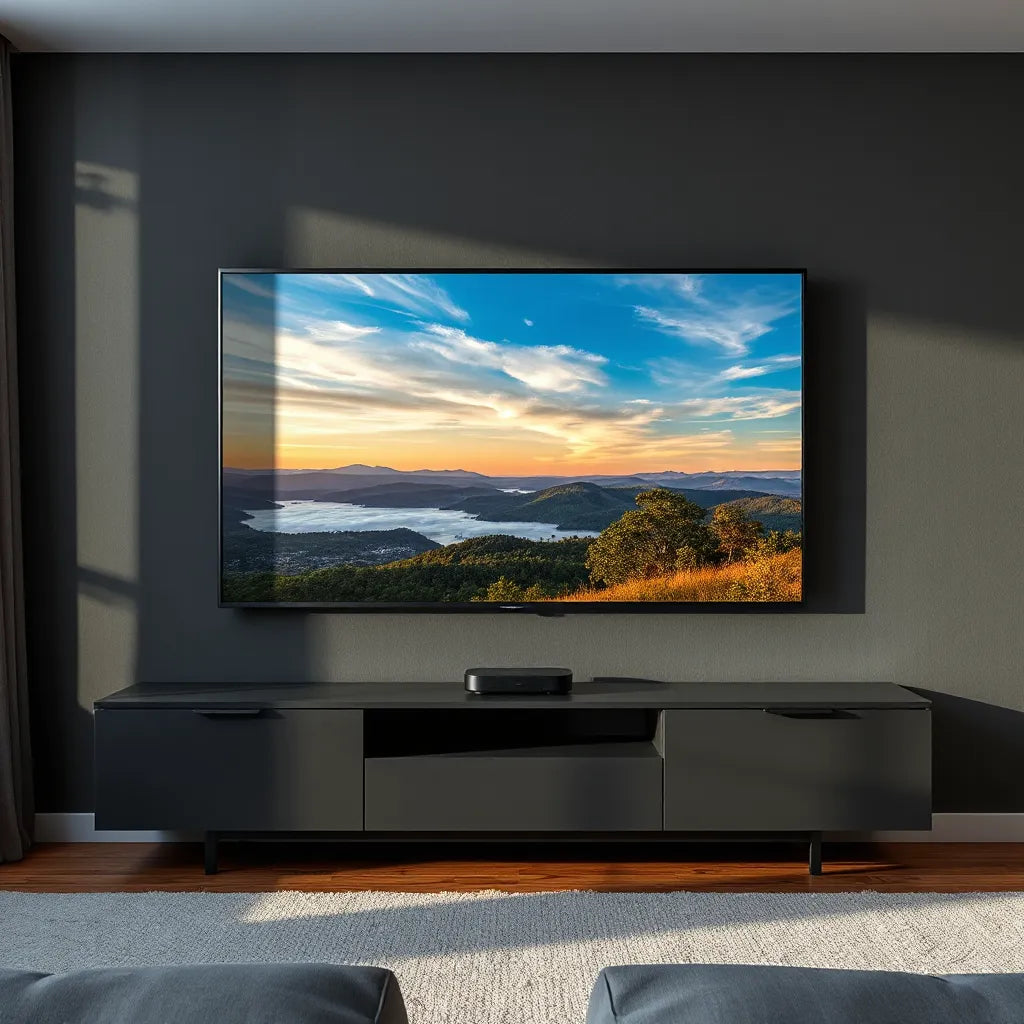 Cinematic HDR landscape on a TV with bright sky detail and deep shadow contrast in a modern living room