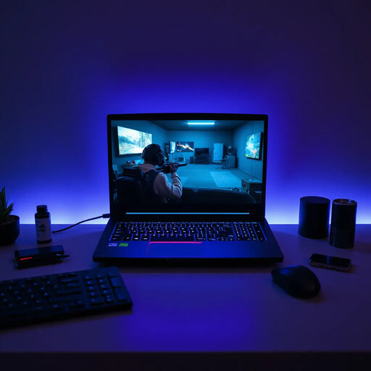 A gaming laptop with illuminated keyboard on a desk, open screen showing action gameplay for a performance-focused look