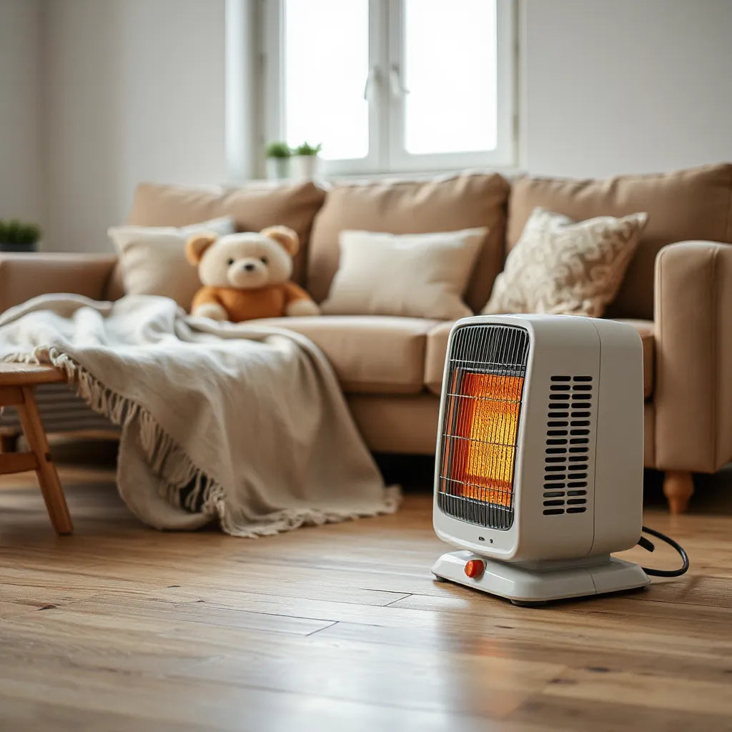Compact portable room heater warming a cozy living room with a stable base and visible grille