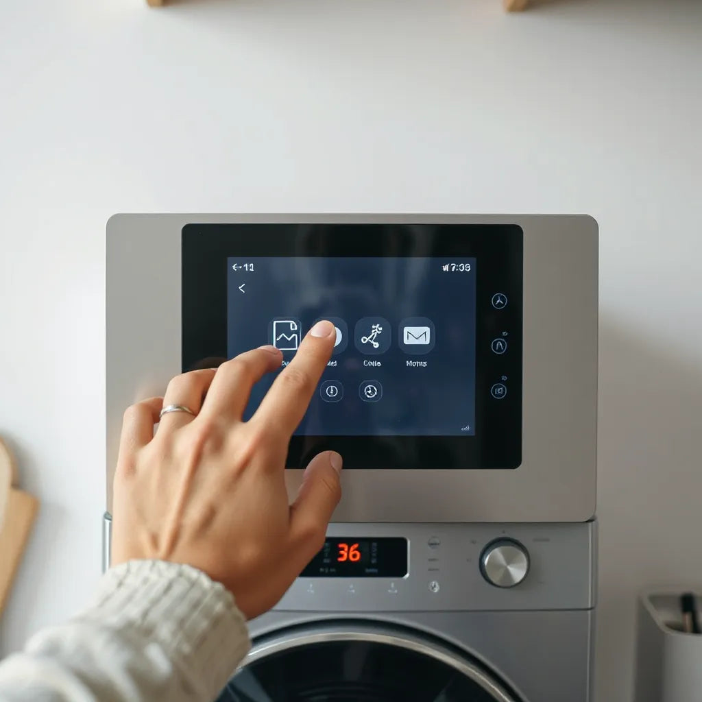 Hand using intuitive gestures on a modern touch display panel for quick control setup