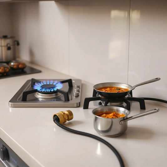 Stainless steel gas stove with blue flames, tawa, and simmering pot in a clean kitchen
