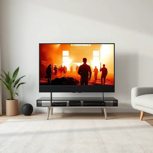 Modern living room with a flat-screen TV displaying a vivid 4K scene for budget TV comparisons