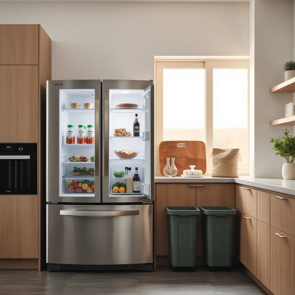 Eco-friendly refrigerator in a bright modern kitchen with a clean interior view and simple sustainable decor