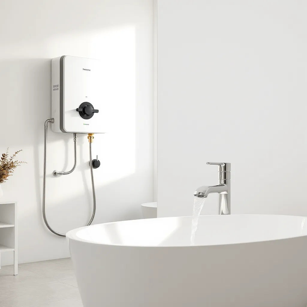 Modern water heater connected to pipes with a bathroom faucet showing gentle water flow