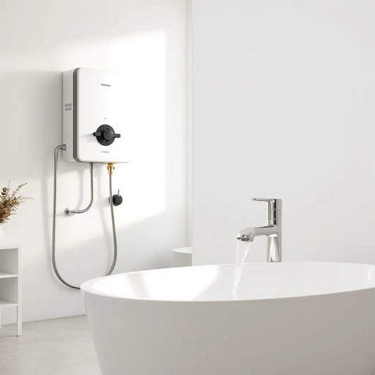 Modern water heater connected to pipes with a bathroom faucet showing gentle water flow