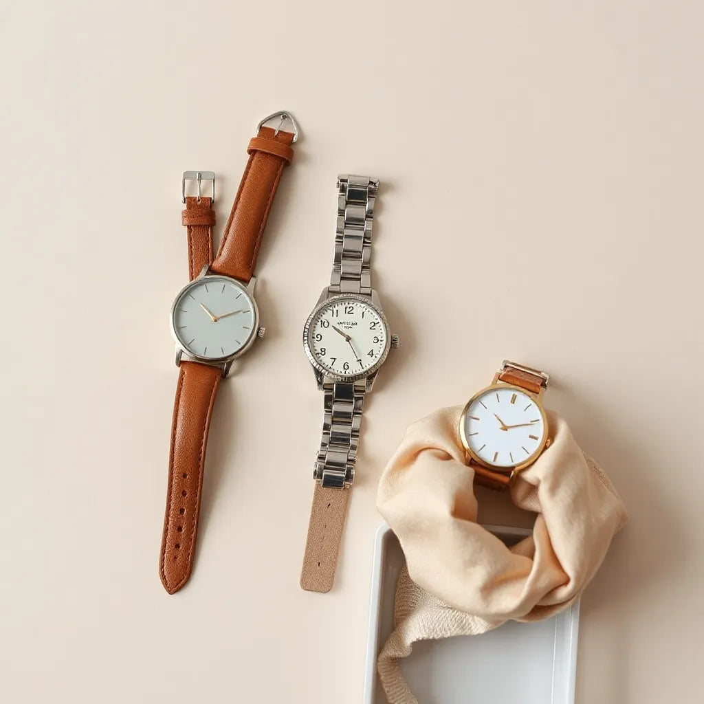 Three women’s watches with leather and metal straps on a neutral background under soft lighting