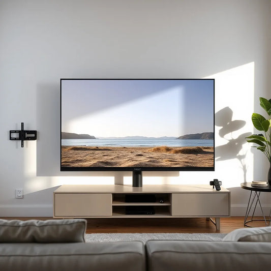 Large 65-inch TV in a modern living room with a bright 4K display and minimalist decor