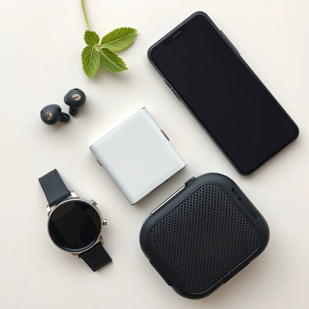 Everyday tech gadgets arranged neatly: smartphone, earbuds, power bank, smartwatch, and small speaker.