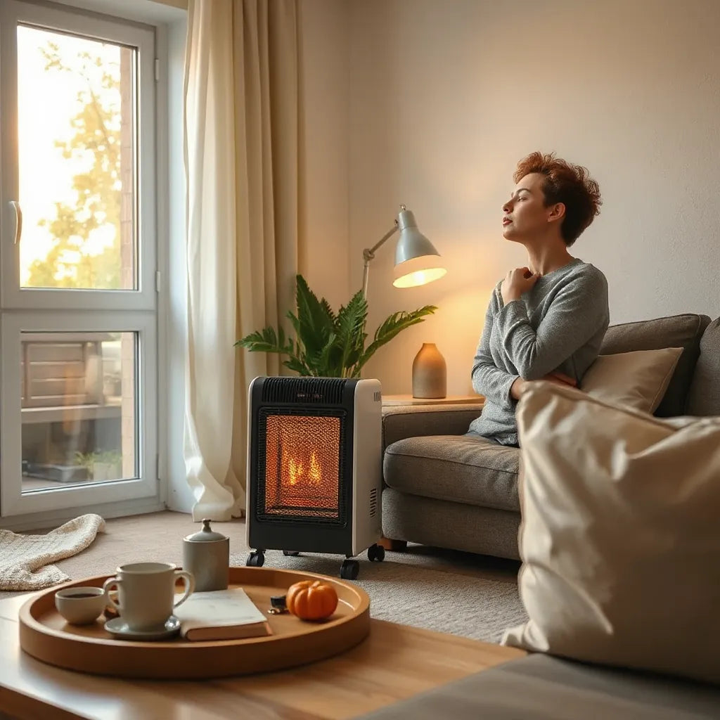 Compact modern heater providing soft warm glow in a calm living room