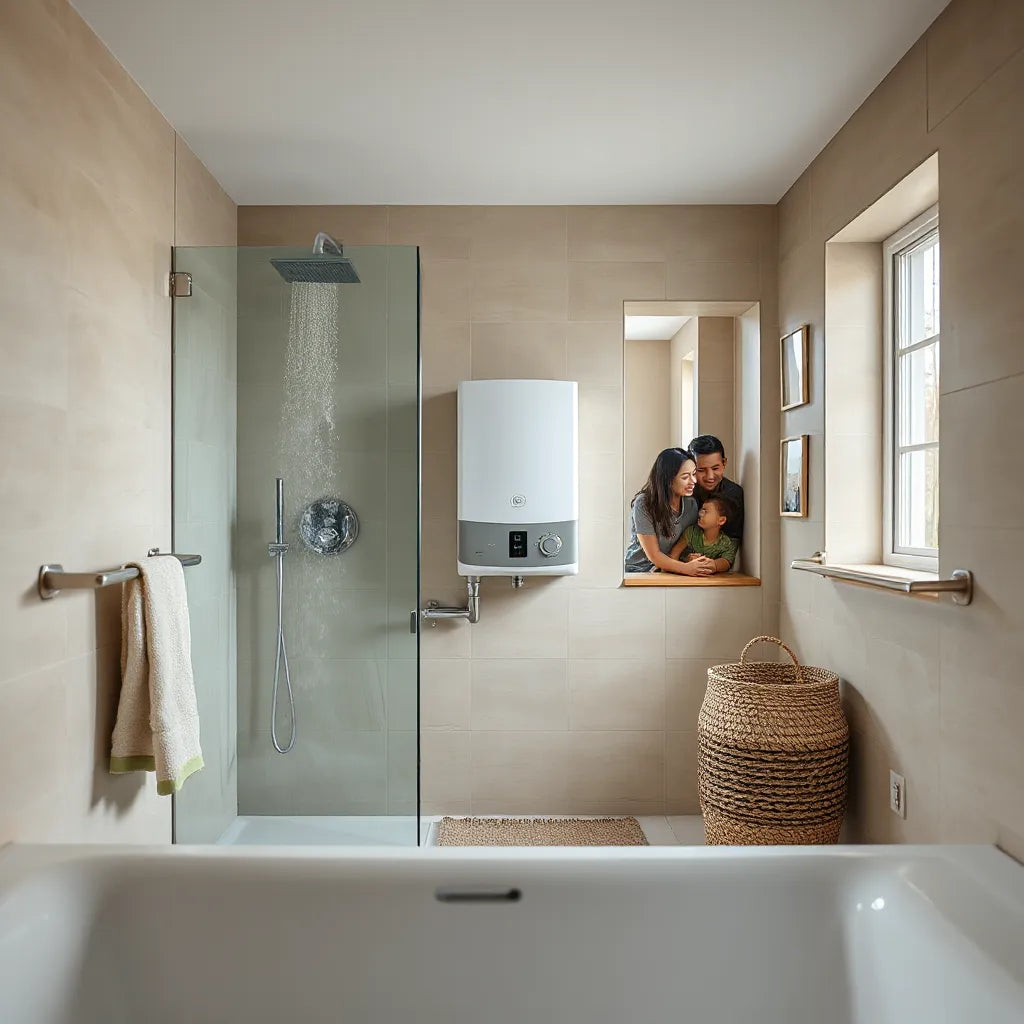 Modern bathroom setup with hot water running and a nearby compact water heater unit