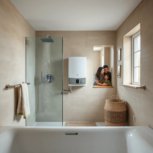 Modern bathroom setup with hot water running and a nearby compact water heater unit