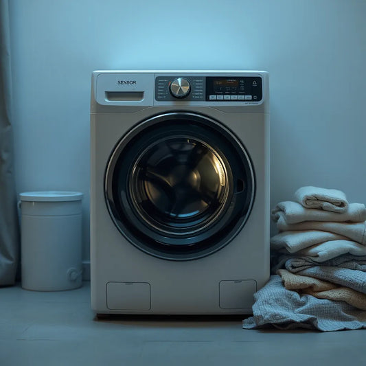 Modern washing machine with smart sensor glow and subtle controls in a clean laundry room