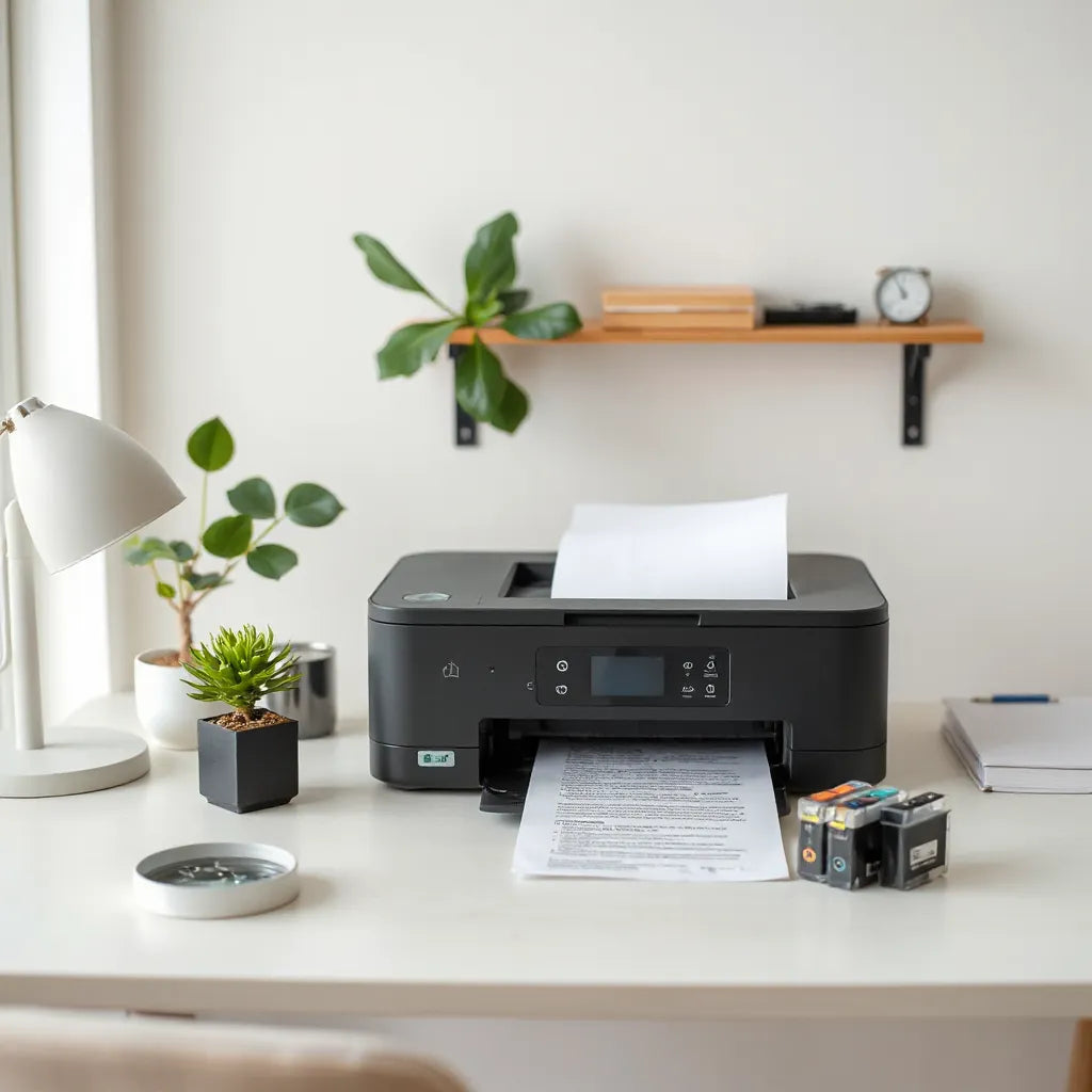 Modern printer producing pages on recycled paper with plant accents on a clean desk