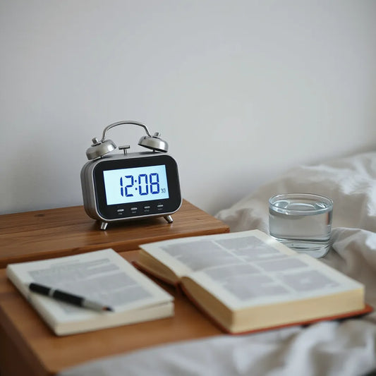 Multi-functional alarm clock on a nightstand with soft illuminated display in a bright bedroom
