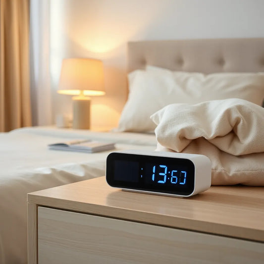 Minimal bedside alarm clock with a sleek modern design and soft ambient lighting
