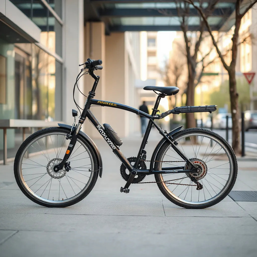 Sturdy foldable bicycle partially folded with visible hinge, wheels, and disc brakes outdoors