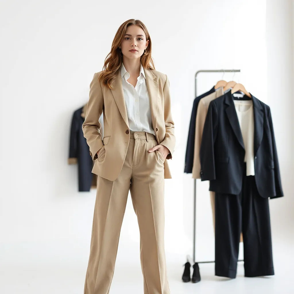 Woman wearing a tailored modern blazer with simple outfit pieces in a bright, minimalist studio setting