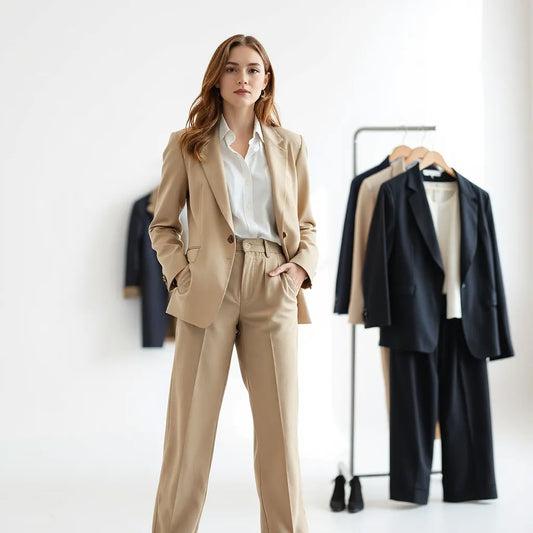 Woman wearing a tailored modern blazer with simple outfit pieces in a bright, minimalist studio setting