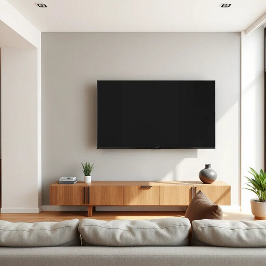 Wall-mounted sleek flat-screen television in a modern, minimal living room