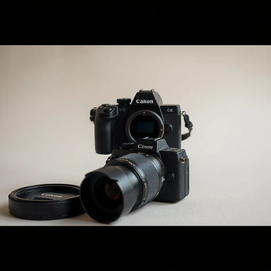 Mirrorless DSLR camera with interchangeable lens and spare lens on a clean studio surface