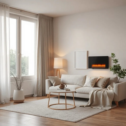 Sleek interior heater on a living room wall providing visible warm glow near cozy seating