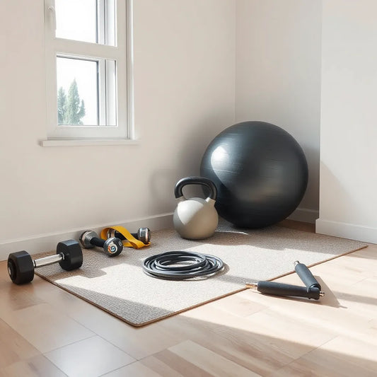 Adjustable dumbbells, resistance bands, kettlebell, and yoga mat set up in a tidy home gym corner.