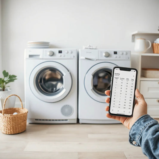 Front-loading washing machines in a bright laundry room with a phone showing an unreadable comparison chart.