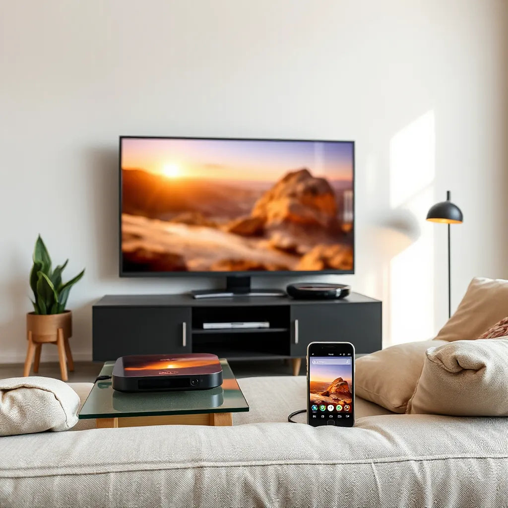 Minimal living room with a TV and connected streaming device for smooth media playback