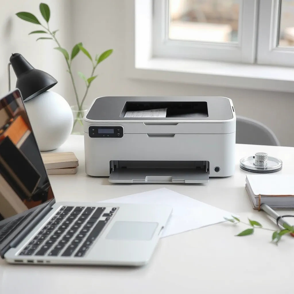 Compact monochrome laser printer on a tidy desk with paper and a laptop in soft daylight