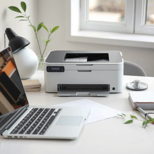 Compact monochrome laser printer on a tidy desk with paper and a laptop in soft daylight