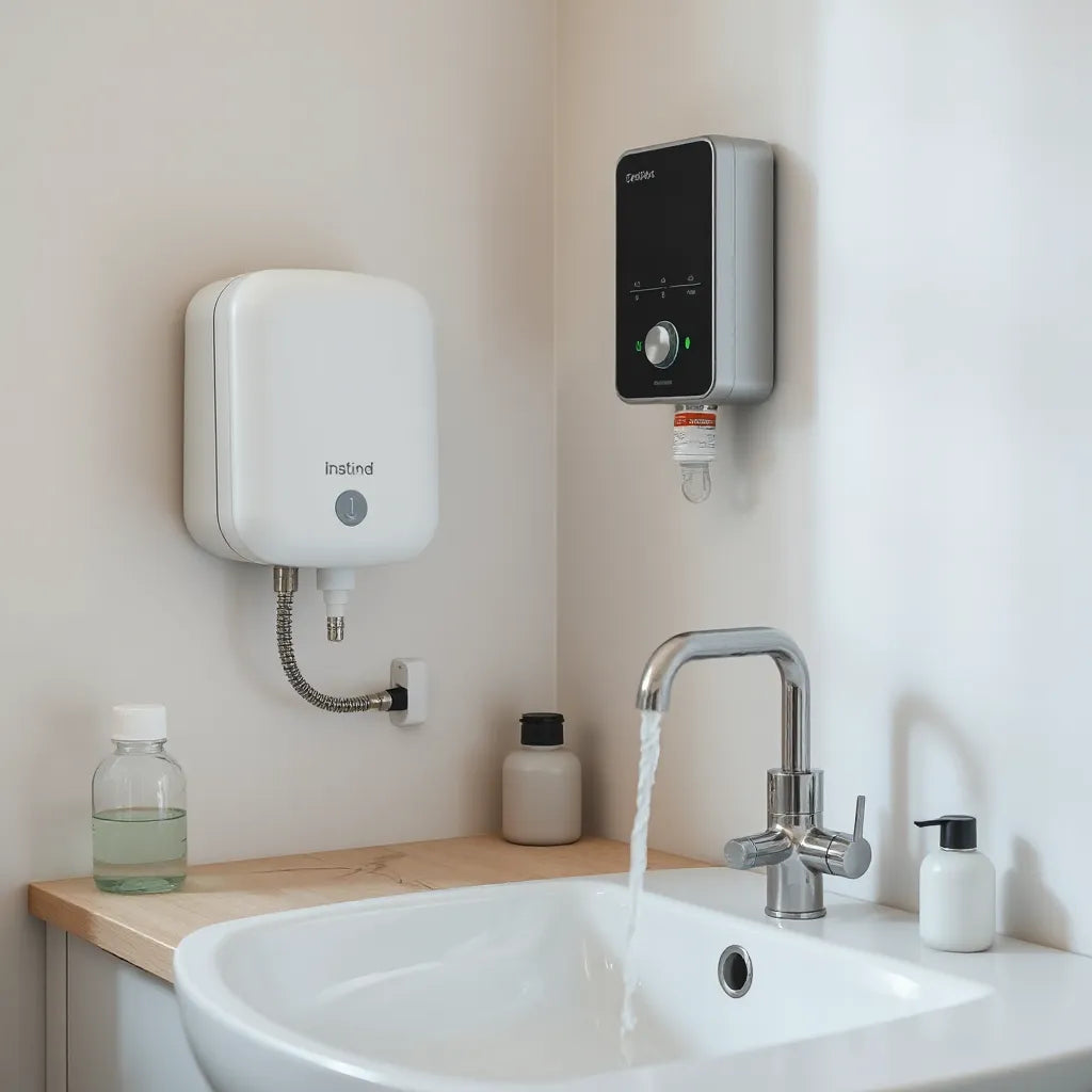 Instant water heating unit near a faucet with visible hot water flow for fast comfort