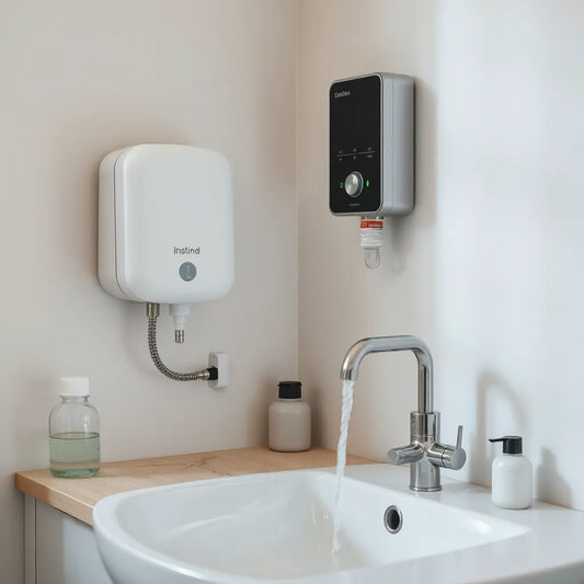 Instant water heating unit near a faucet with visible hot water flow for fast comfort