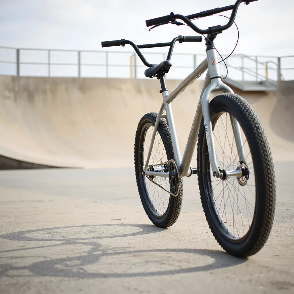 Durable BMX bicycle with disc brakes and knobby tires in a skatepark setting