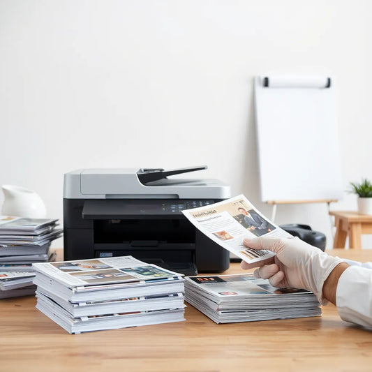 Small business printing setup with stacked flyers and a quality check on a printed sample